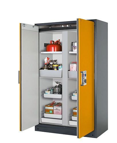 asecos Feuerbeständiger Gefahrstoffschrank Select, Mittelwand, mit Einlegeböden, Auszugswannen, gelb, 266855