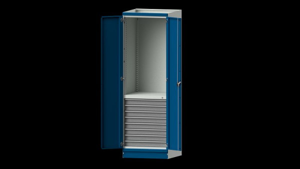 ANKE Werkbänke Basisschrank modulares Schranksystem, Modell 101, 715 x 720 x 2200 mm, Leergehäuse mit Türen, RAL 7035/5010, 631.003