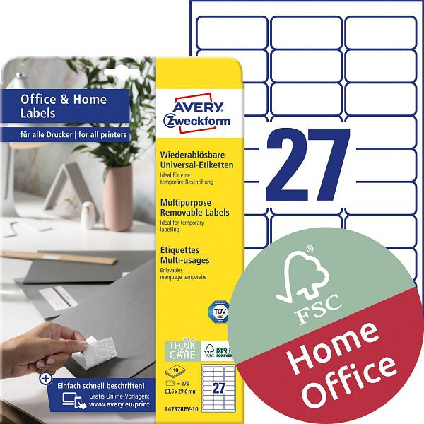 AVERY Zweckform L4737REV-10 Universal-Etiketten, 63,5 x 29,6 mm, weiß, 270 Etiketten, wiederablösbar, L4737REV-10