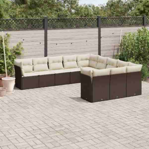 vidaXL 11-tlg. Garten-Sofagarnitur mit Kissen Braun Poly Rattan, UV-beständig, 3250252