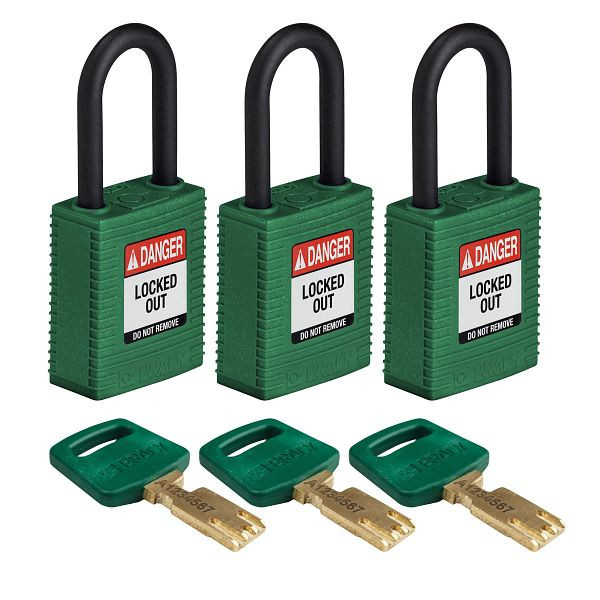 Brady Vorhängeschlösser SafeKey, Kunststoffbügel, lichte Bügelhöhe 38,10 mm, grün, VE: 3 Stück, 311886