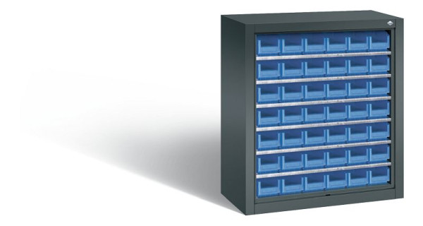 C+P Stahlregal mit Rückwand Serie 13, H830xB700xT300 mm, Anthrazit, 42 Sichtlagerkästen, 134013-01 S10002