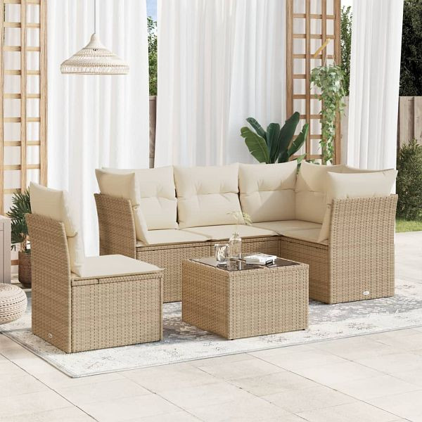 vidaXL 6-teilig Garten-Sofagarnitur mit Kissen Beige Poly Rattan, 3249487