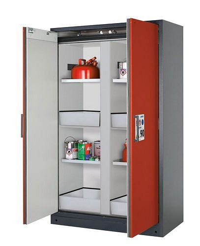 asecos Feuerbeständiger Gefahrstoffschrank Select, Mittelwand, mit Einlegeböden, Bodenwannen, rot, 266840