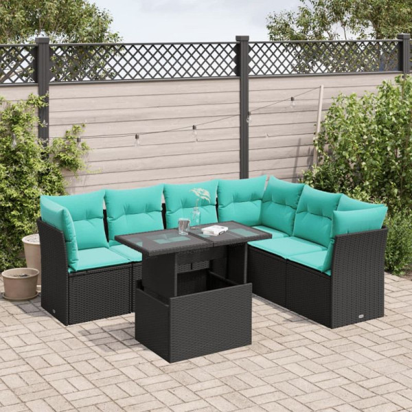 vidaXL 7-teiliges Gartensofa-Set mit Kissen, schwarzes Polyrattan, 3266607
