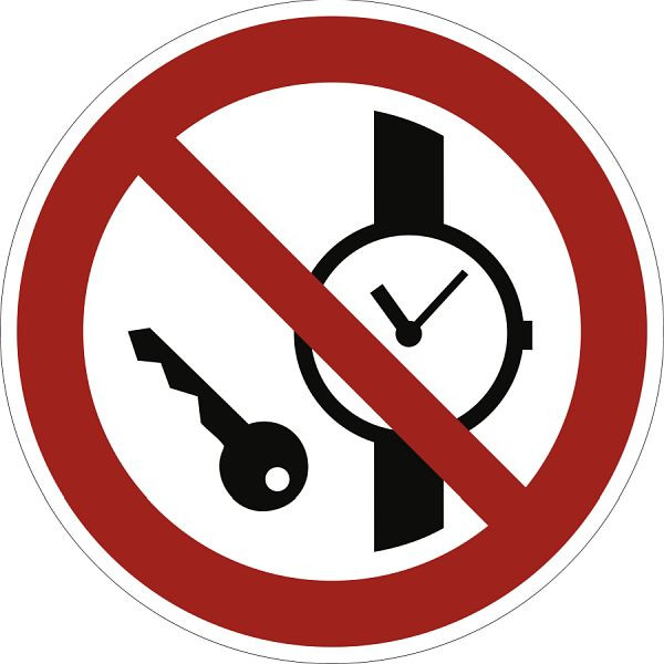 Moedel Mitführen von Metallteilen oder Uhren verboten ISO 7010, Folie, Ø 100 mm, 98954