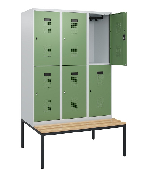 C+P Doppelstöckiger Spind Evolo PLUS, Bank, 6 Fächer, 1950x1200x815mm, 7035/6011, Zylinderschloss, Sitzfläche Buche-Hartholz, Sitzbank, 0493505-32 S10037