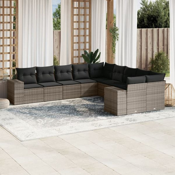 vidaXL 10-teilig Garten-Sofagarnitur mit Kissen Grau Poly Rattan, 3223109