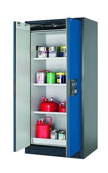 asecos Sicherheitsschrank Q-PEGASUS-90, Q90.195.090.WDAC in enzianblau RAL 5010 mit 3x Fachboden (Stahlblech), 30042-047-30043