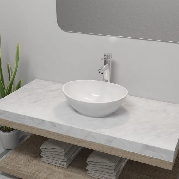 vidaXL Bad-Waschbecken mit Mischbatterie Keramik Oval Weiß, 275497