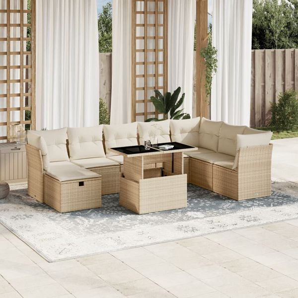 vidaXL 9-teilig Garten-Sofagarnitur mit Kissen Beige Poly Rattan, 3274708