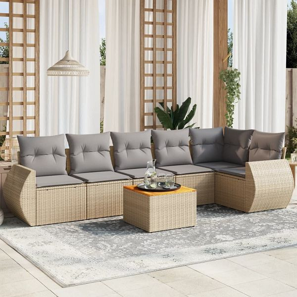 vidaXL 7-tlg. Garten-Sofagarnitur mit Kissen Beige Poly Rattan, 3225016