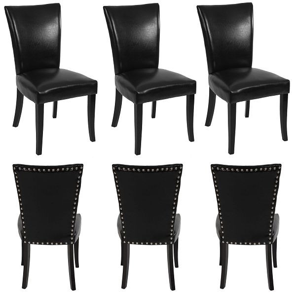 Mendler 6er-Set Esszimmerstuhl Chesterfield, Stuhl Küchenstuhl, Nieten FSC, Kunstleder, schwarz, dunkle Beine, 35767+35767+35767