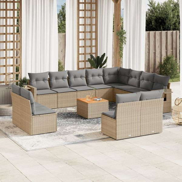 vidaXL 13-teilig Garten-Sofagarnitur mit Kissen Beige Poly Rattan, 3224813