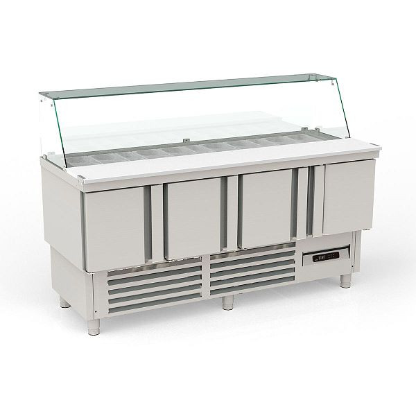 Vaiotec TOPLINE Saladette 700 / 4-fach mit Türen, Glasaufsatz schräg, GN 1/6 & 1/9, Breite: 1825 mm, 11605
