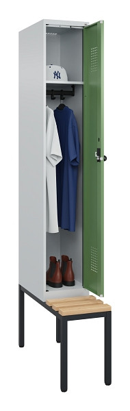 C+P Spind Evolo PLUS, 1 Abteile, 2120x300x815mm, 7035/6011, Haken 3, Drehriegel, Sitzfläche Buche-Hartholz, Sitzbank, 0490507-10 S10010