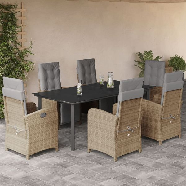 vidaXL 7-teilig Garten-Essgruppe mit Kissen Beige Poly Rattan, 3212596