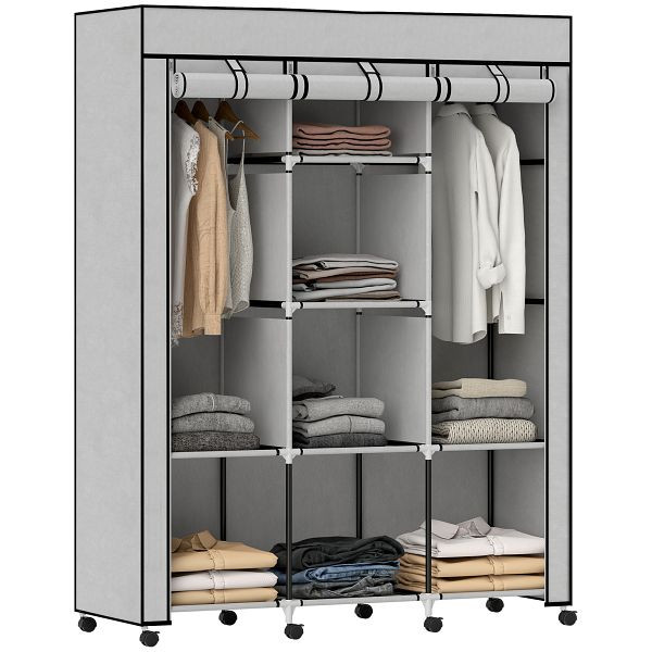 HOMCOM Schrank aus Stoff, Aufbewahrungslösung, 8 Regale, 2 Kleiderstangen, Grau, 850-211V01LG