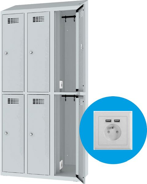 Eurobox Garderobenspind Strom, 3 Abteile, mit Steckdose, 400 mm, 1100-040302