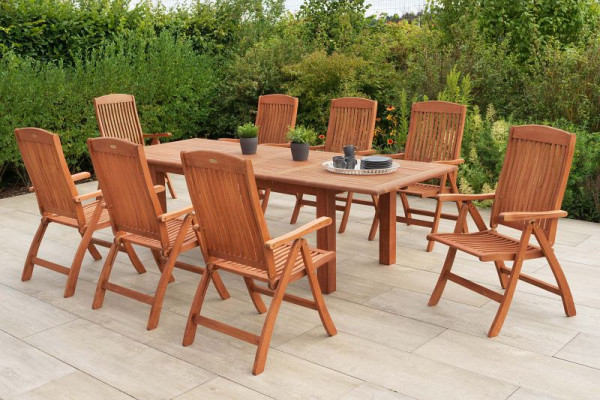 Merxx Maracaibo Set 9-teilig, 8 Maracaibo Klappsessel, 1 Doppelausziehtisch 180 (220/260) x 100 cm, FSC Eukalyptusholz, 51078-011