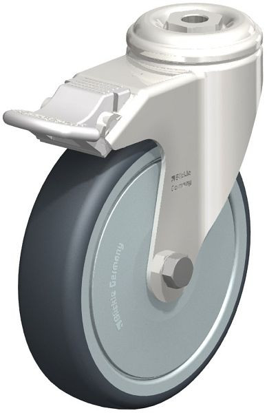 Blickle LKRXA-TPA 126KD-11-FI-FK Edelstahl-Apparate-Lenkrolle mit Rückenloch & Feststeller, Thermoplastisches Gummi-Elastomer, Grau, 574624