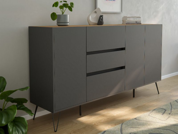 Posseik Sideboard Industrial Q 180cm 3 Schubladen 3 Türen Grafit/Eiche Top, PN2094X0000058DE