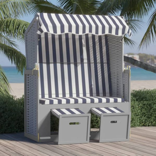vidaXL Strandkorb mit Dach Poly Rattan und Massivholz Blau & Weiß, 318651