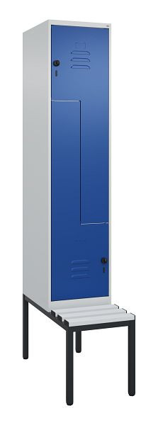 C+P Z-Spind Classic PLUS, mit untergebauter Sitzbank, 2 Abteile, 2120x400x815mm, 7035/5010, Drehriegel, 0800537-122 S10033