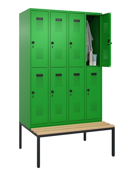 C+P Doppelstock-Spind Evolo PLUS, Bank, 8 Fächer, 2120x1200x815mm, 6037/6037, Drehriegel, Sitzfläche Buche-Hartholz, Sitzbank, 0493507-40 S10026