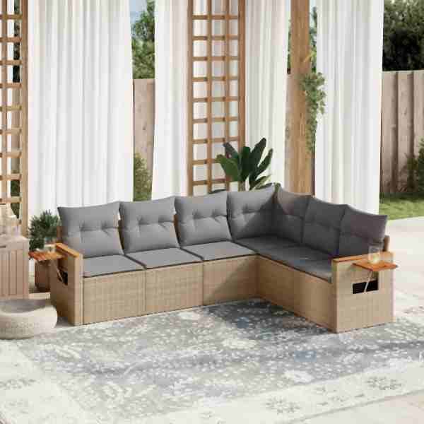 vidaXL 6-tlg. Garten-Sofagarnitur mit Kissen Beige Poly Rattan, UV-beständig, 3259245