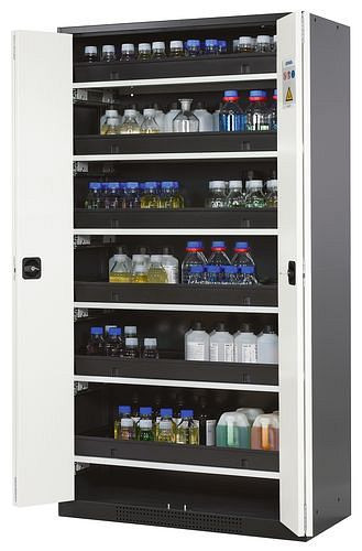 asecos Chemikalienschrank Systema-T CS-106F, Korpus anthrazit, Falttüren weiß, 6 Tablarauszüge, 209106