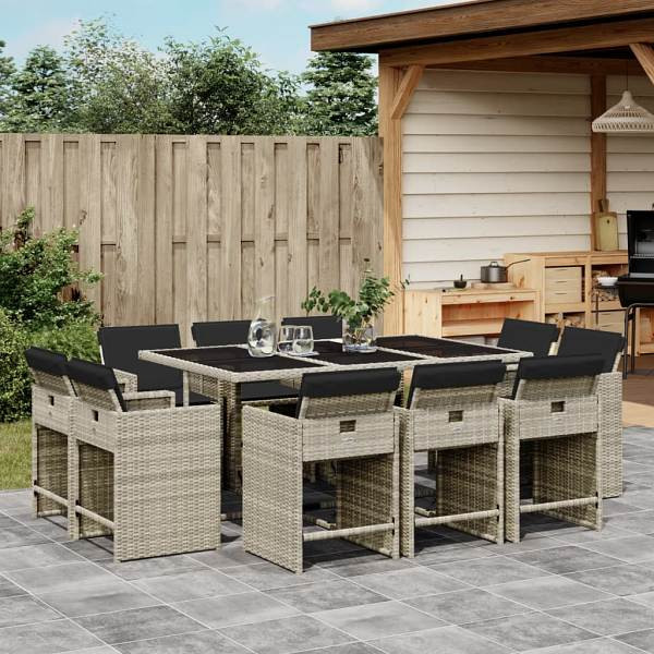 vidaXL 11-tlg. Garten-Essgruppe mit Kissen Hellgrau Poly Rattan, UV-beständig, 3277978