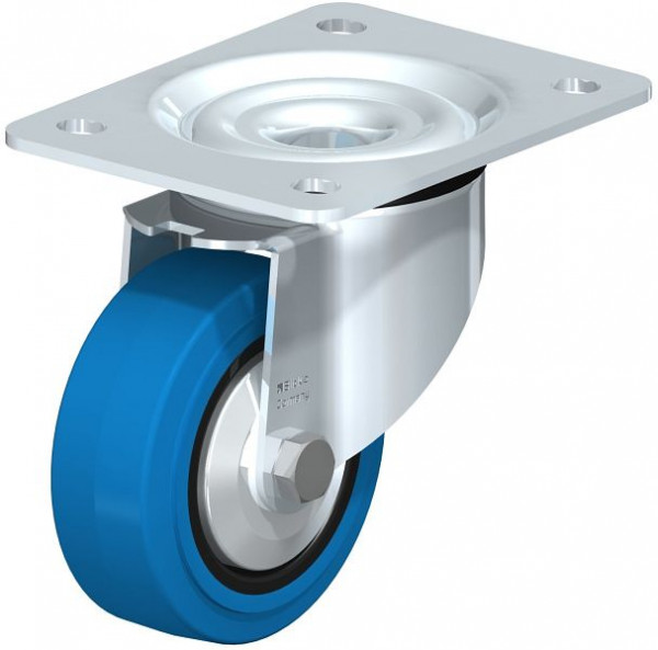Blickle LK-POEV 100K-3-SB-FA Stahlblech-Lenkrolle, schwere Ausführung, mit Anschraubplatte, Elastik-Vollgummi, Blau, 750322