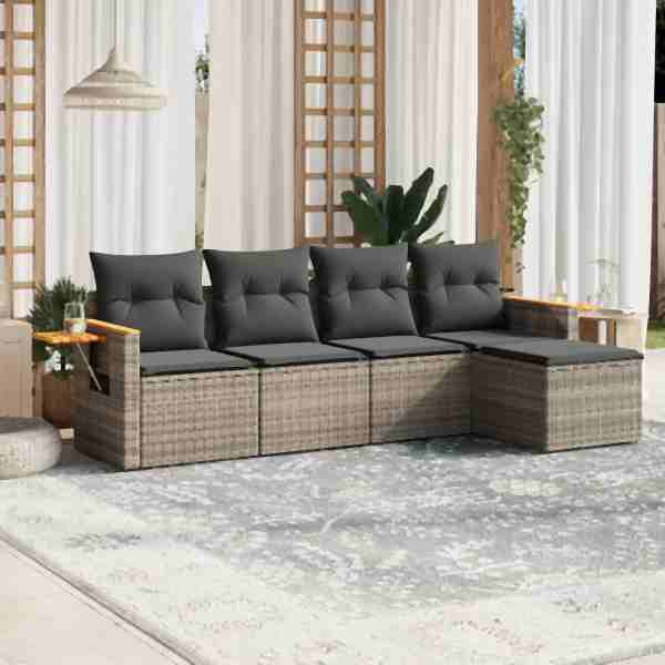 vidaXL 5-tlg. Garten-Sofagarnitur mit Kissen Grau Poly Rattan, UV-beständig, 3259162