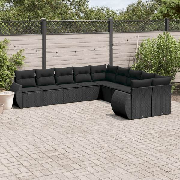 vidaXL 10-tlg. Garten-Sofagarnitur mit Kissen Schwarz Poly Rattan, UV-beständig, 3221904