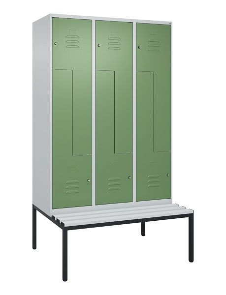C+P Z-Spind Classic PLUS, mit untergebauter Sitzbank, 6 Abteile, 2120x1200x815mm, 7035/6011, Zylinderschlösser, 0800537-326 S10051