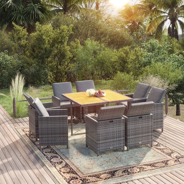 vidaXL 9-teilig Garten-Essgruppe mit Kissen Poly Rattan Grau, 3095525, 8720286845448