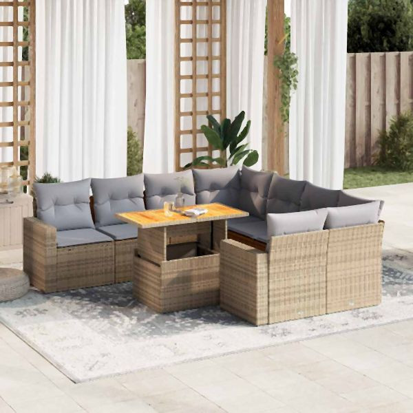 vidaXL 9-tlg. Garten-Sofagarnitur mit Kissen Beige Poly Rattan, 3327020