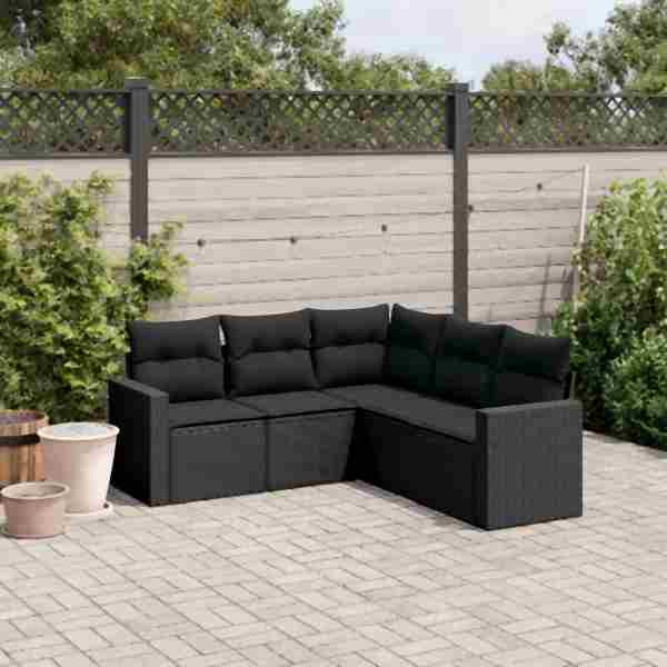 vidaXL 5-tlg. Garten-Sofagarnitur mit Kissen Schwarz Poly Rattan, UV-beständig, 3251282