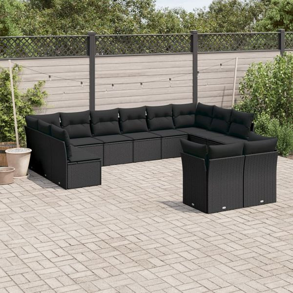 vidaXL 12-teilig Garten-Sofagarnitur mit Kissen Schwarz Poly Rattan, 3250264