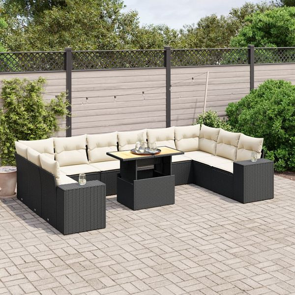vidaXL 11-teilig Garten-Sofagarnitur mit Kissen Schwarz Poly Rattan, 3272806