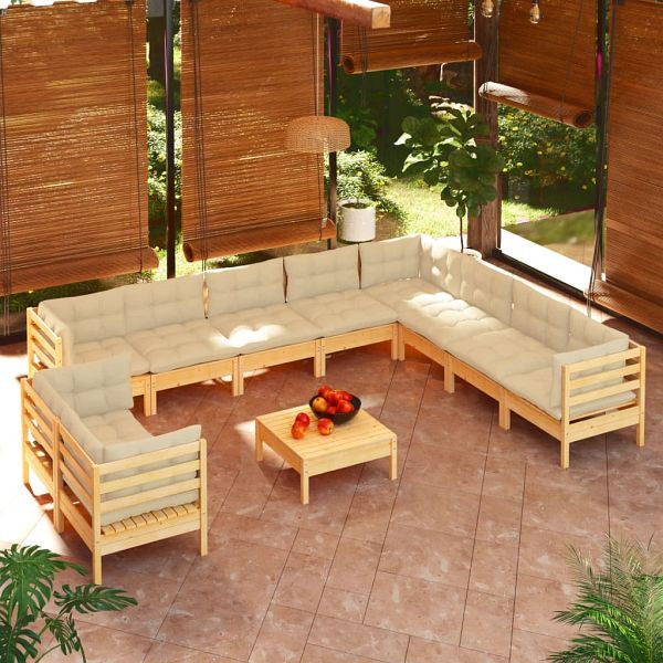 vidaXL 11-teilig Garten-Lounge-Set mit Creme Kissen Massivholz Kiefer, 3096917