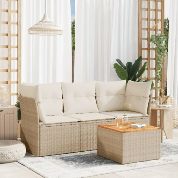 vidaXL 4-tlg. Garten-Sofagarnitur mit Kissen Beige Poly Rattan, 3223468