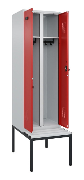 C+P Schwarz-Weiß-Spind Evolo PLUS, Bank, 2 Abteile, 2120x600x815mm, 7035/3020, Drehriegel, Sitzfläche Kunststoff, Sitzbank, 0490527-20 S10059