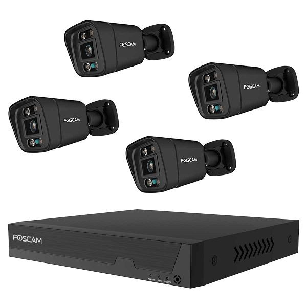 FOSCAM FN9108E-B4-2T 8-Kanal 3K 5 MP PoE Komplettset für die Videoüberwachung mit 4 Überwachungskameras (schwarz), f9b42s