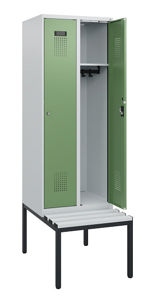 C+P Spind Evolo PLUS, 2 Abteile, 1950x600x815mm, 7035/6011, Zylinderschloss, Material Sitzfläche Kunststoff, Sitzbank, 0490505-20 S10091