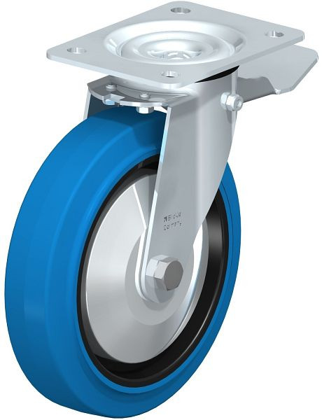 Blickle LE-POEV 200KD-ST-SB-FA Stahlblech-Lenkrolle mit Anschraubplatte & Feststeller, Elastik-Vollgummi, Blau, 749648