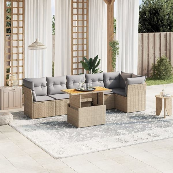 vidaXL 7-teilig Garten-Sofagarnitur mit Kissen Beige Poly Rattan, 3270842