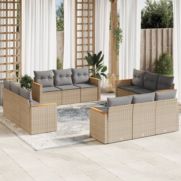 vidaXL 12-teilig Garten-Sofagarnitur mit Kissen Beige Poly Rattan, 3258237