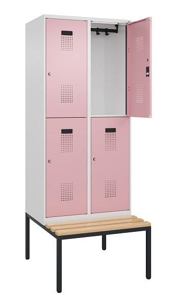 C+P Doppelstock-Spind Evolo PLUS, Bank, 4 Fächer, 2120x800x815mm, 9016/3015, Zylinderschloss, Sitzfläche Buche-Hartholz, Sitzbank, 0493507-22 S10045